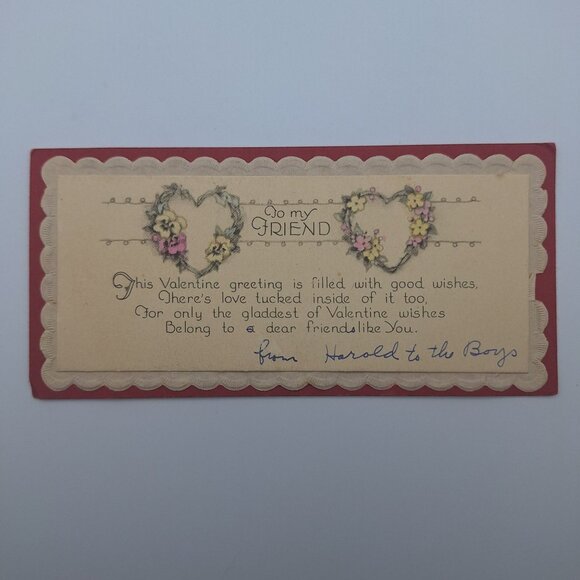 Vintage Valentine Card Scalloped Edges My Friend Harold Boys Antique Retro Love - Picture 1 of 5